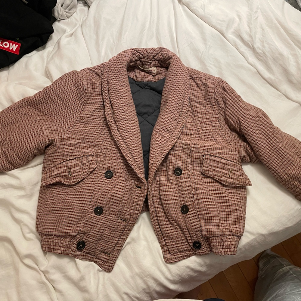 Free People Red and Cream Plaid Jacket